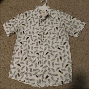 Casual Pineapple Print Short-Sleeve Button-Down Shirt - White/Yellow